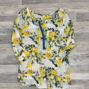 Arrata Silent Journey Lightweight Yellow Blue Floral 3/4 Sleeve Tunic Top Q20
